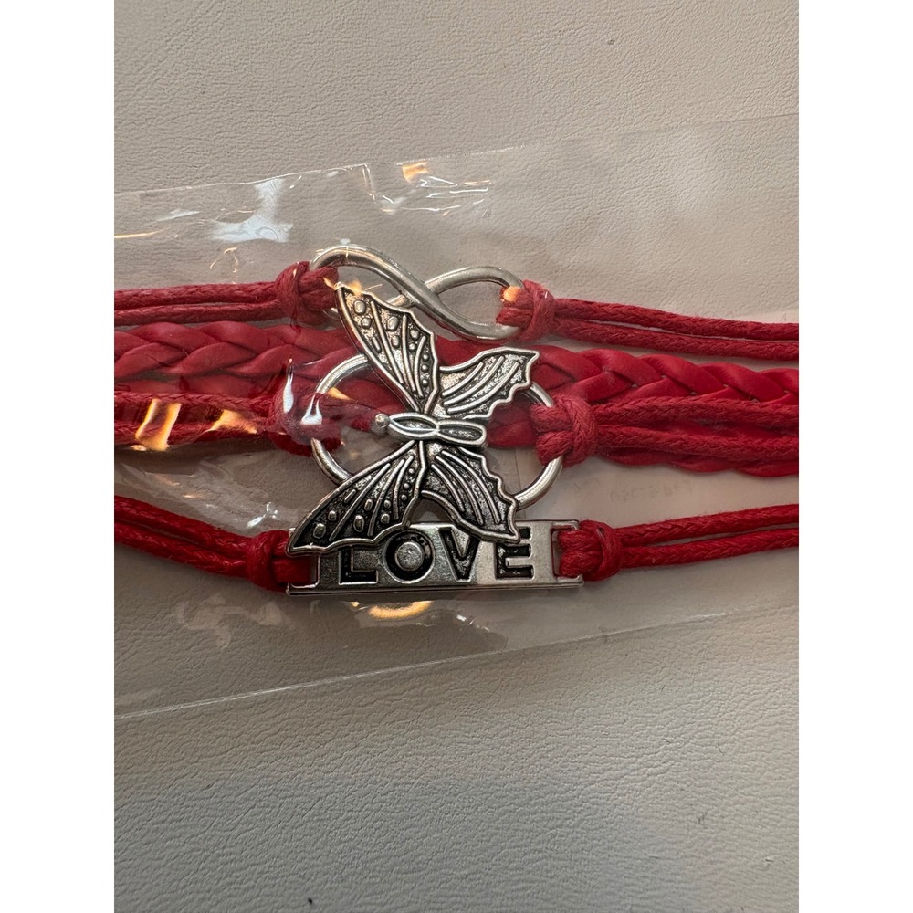 Red Butterfly Infinity Love Multilayer Braided Cord Wrap Bracelet Silver Charms